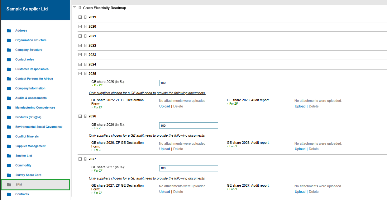 Green Electricity Roadmap in SupplyOn with the left-hand menu. The SRM entry that holds the roadmap is marked; on the right are the year blocks with the green electricity share, the ZF GE Declaration Form and the upload buttons.