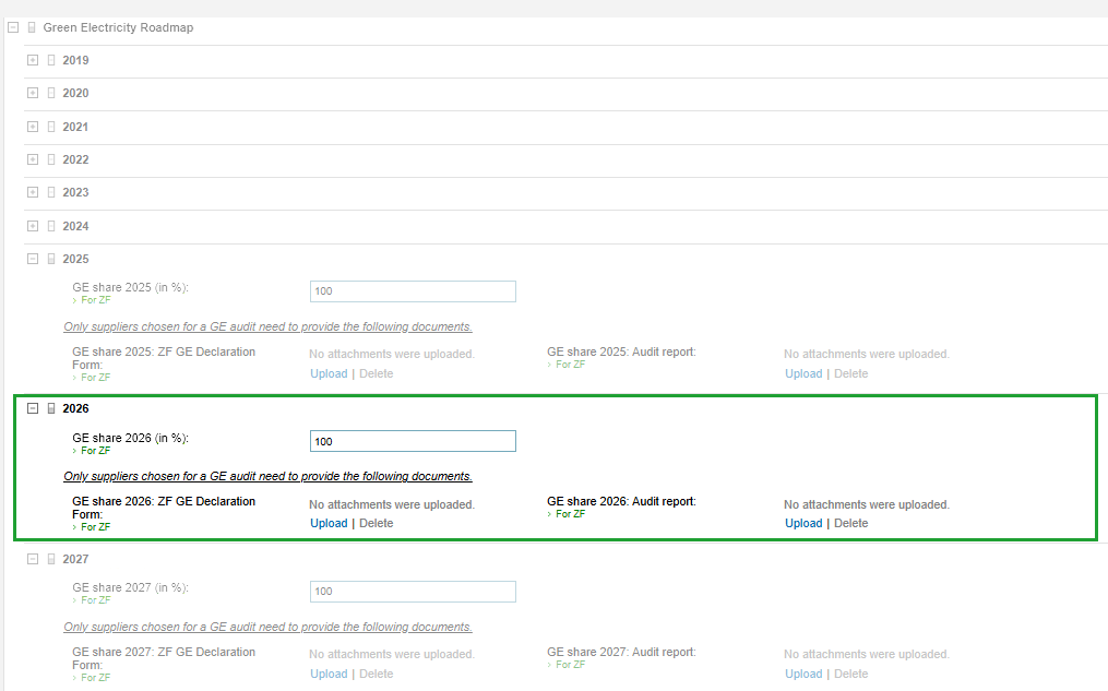 The same screen without the menu. The year block is marked: green electricity share, ZF GE Declaration Form and the two upload buttons.